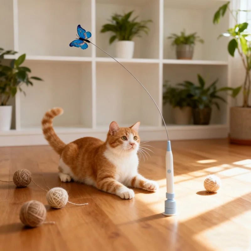 BOOTEELY Electric Suction Cup Cat Toy Butterfly Flying Cat Toy Self-Entertaining Cat Toy Long Rod Steel Wire Cat Toy