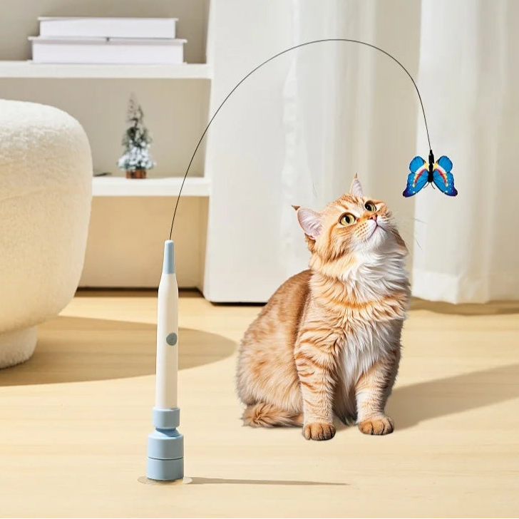 BOOTEELY Electric Suction Cup Cat Toy Butterfly Flying Cat Toy Self-Entertaining Cat Toy Long Rod Steel Wire Cat Toy