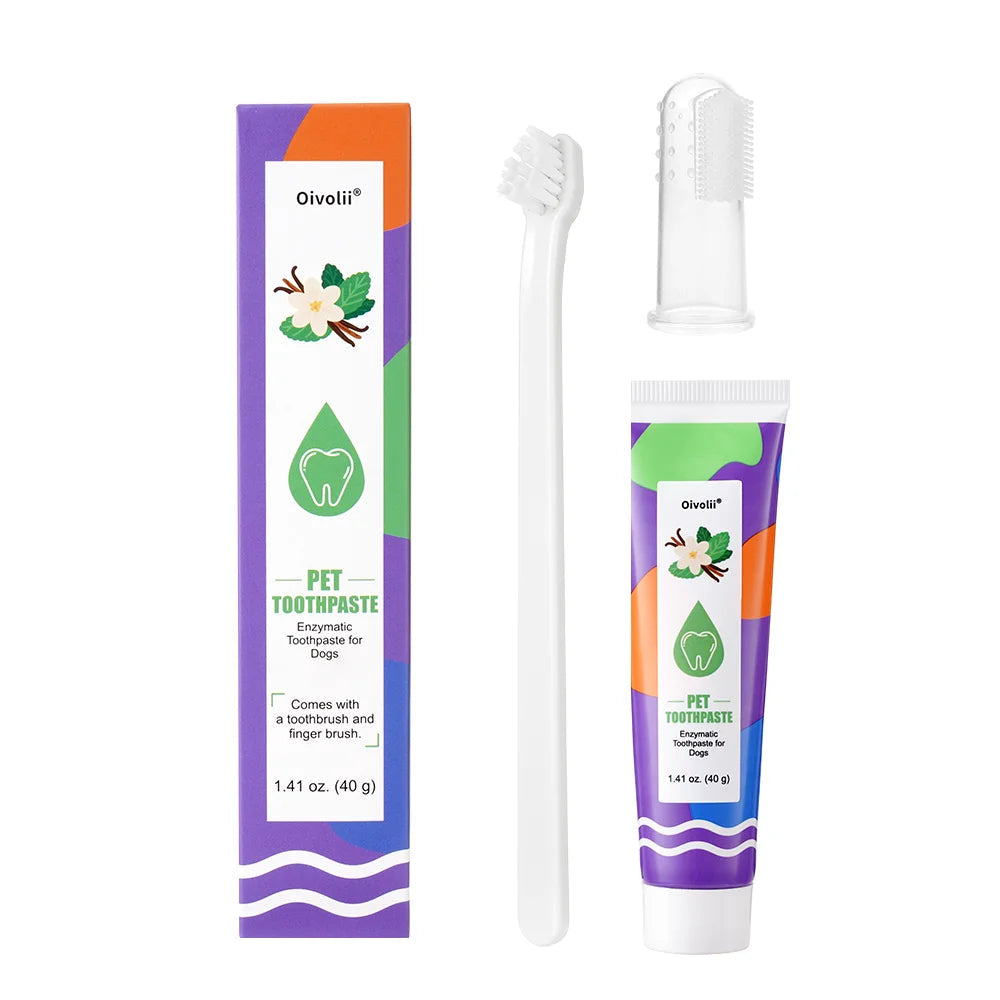 Pet Toothpaste Vanilla Mint Enzymatic Dogs Cats with Toothbrush and Small Finger Brush Oral Care Clean Teeth Remove Tartar